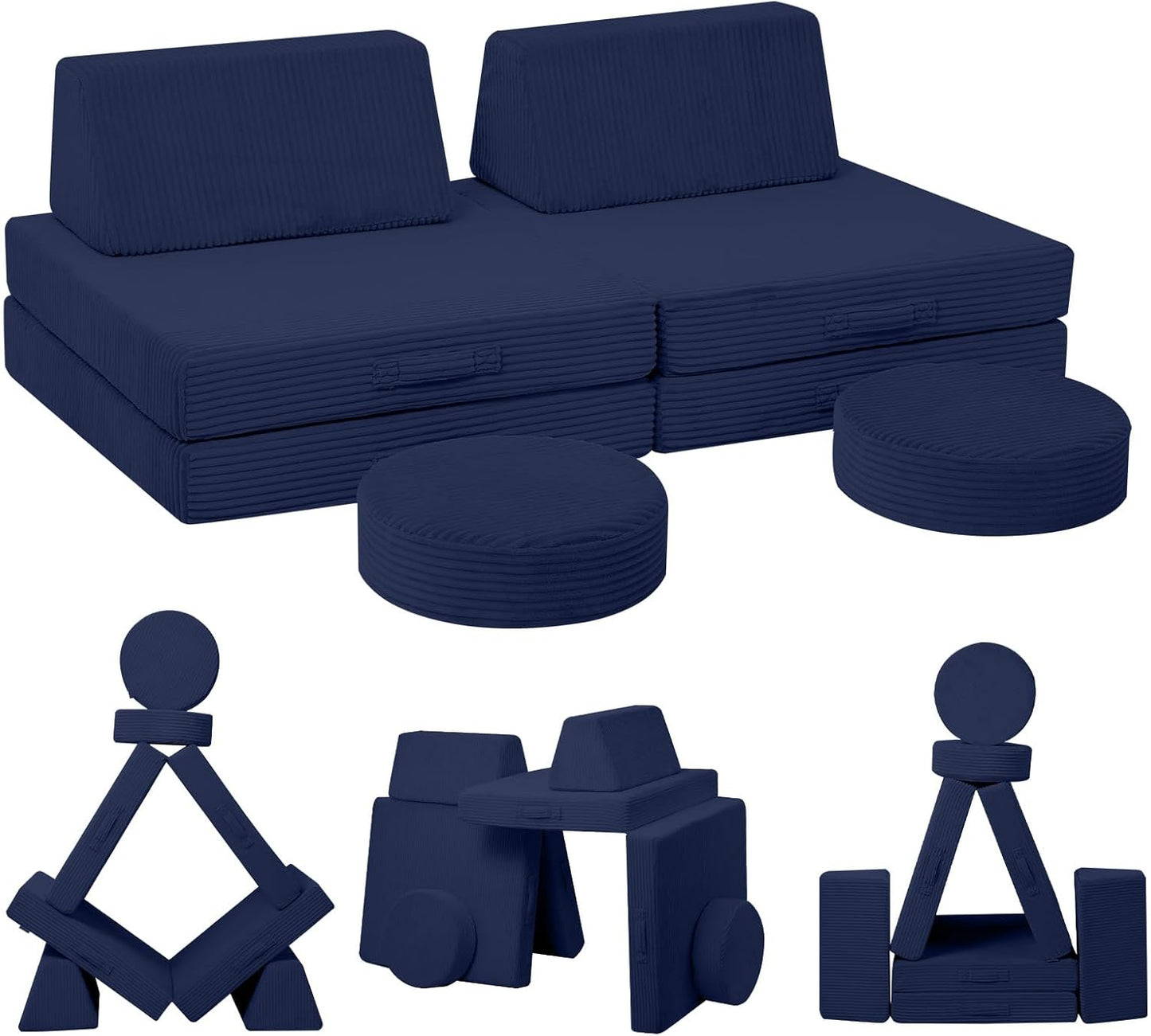 MeMoreCool Kids Couch for Playroom, Corduroy Convertible Toddler Couch, 8 Piece Modular Play Sofa, Foam Fort Building Set for Child Room Furniture, Navy