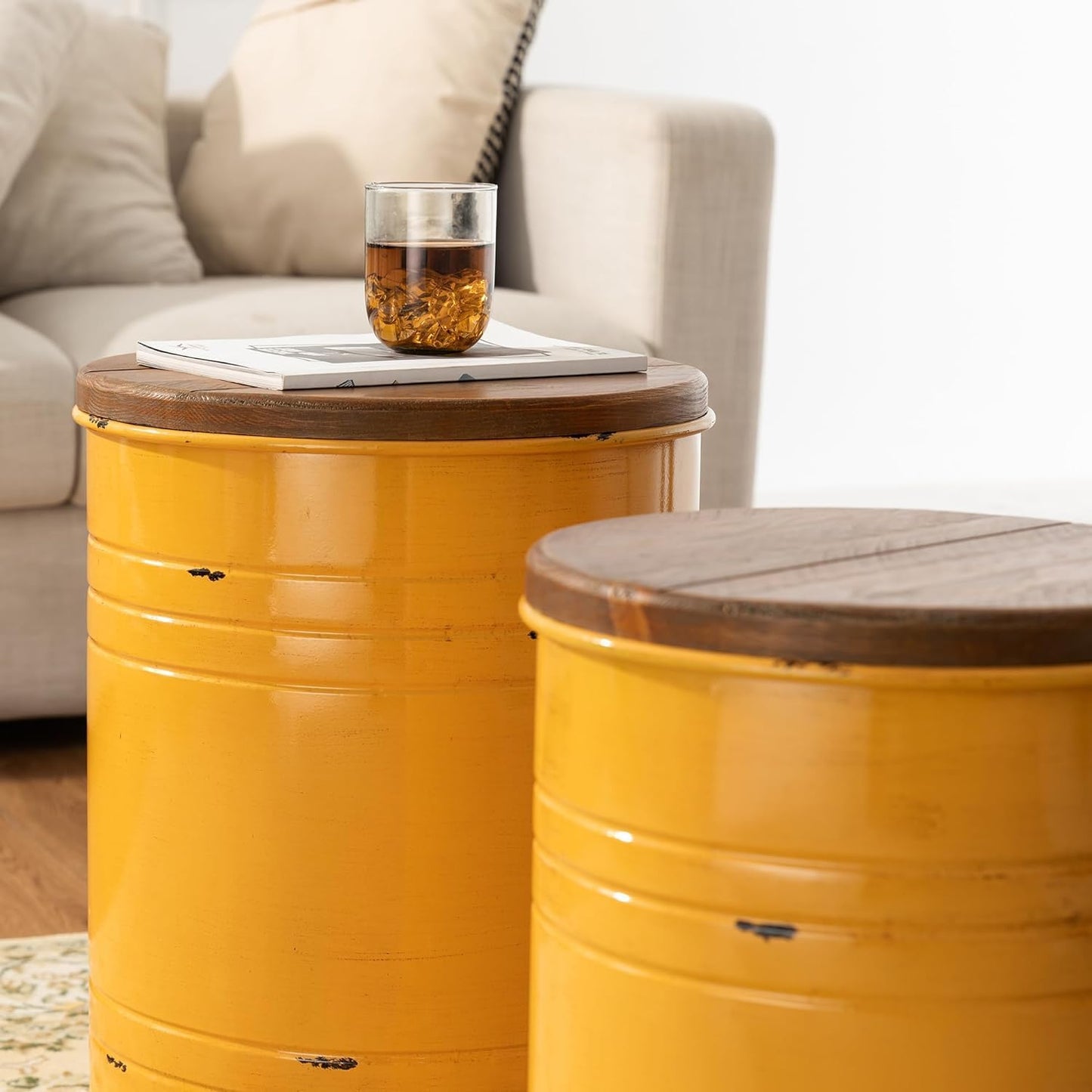 Glitzhome Farmhouse Accent Side Table, Metal Storage Stool Ottoman with Round Lid - Galvanized Coffee Cocktail End Tables Set of 2 for Living Room Bedroom, Yellow