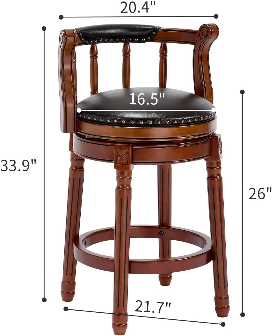 Cow top Leather Wooden Bar Stools, 360 Degree Swivel Bar Height Chair with Backs for Home Kitchen Counter, Morden Chair Barstools (Black-2pc, Counter Height-Seat Height 26”)