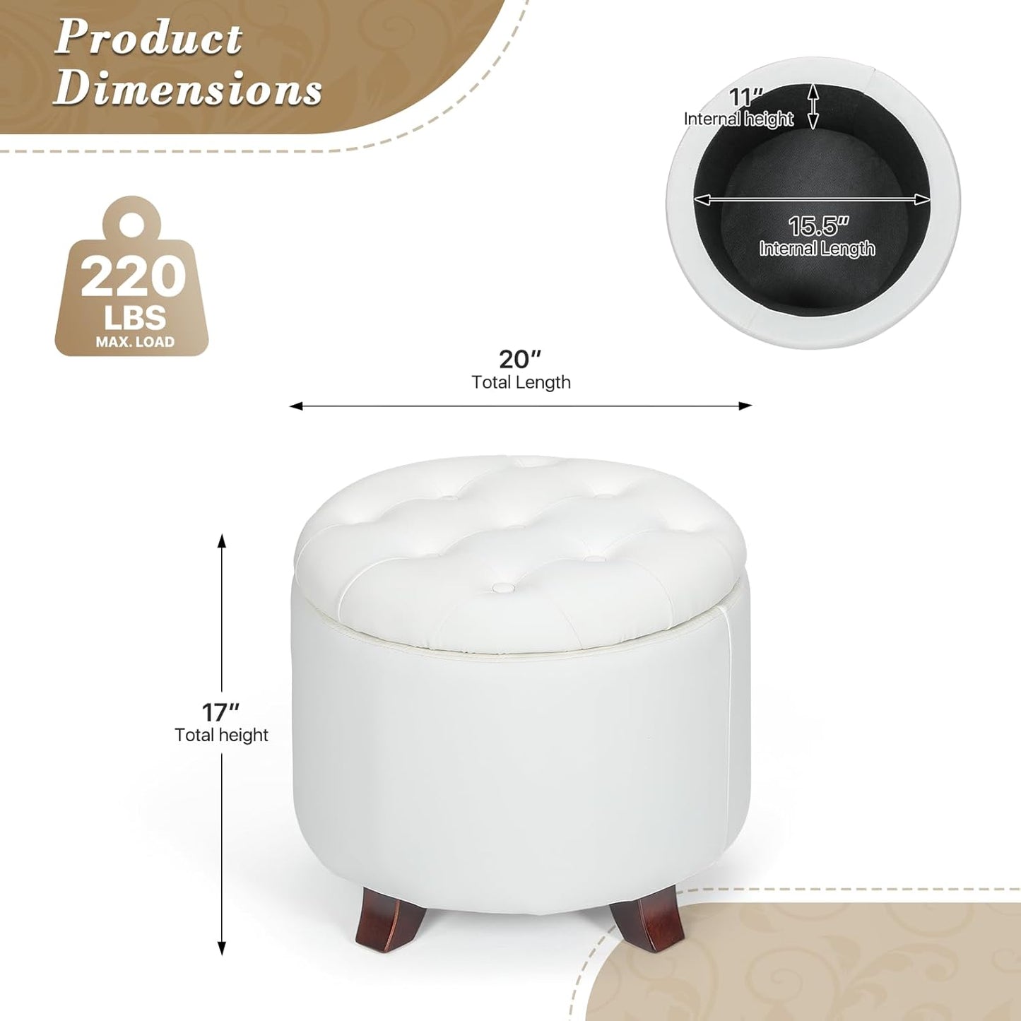 Athena Collection 20 Inch Small Ottoman with Storage, Round PU Leather Storage Ottoman with Removable Lid, Stylish Footstool Foot Rest for Living Room, Bedroom, Dorm, White