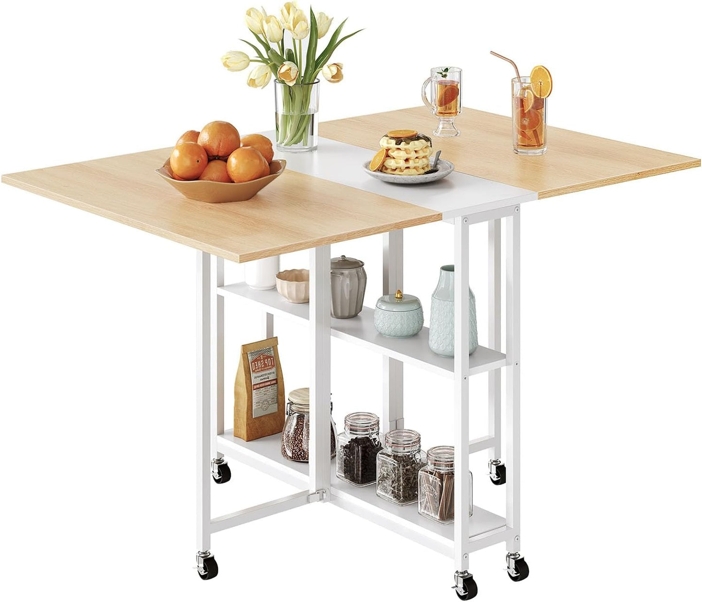 Folding Dining Table, Movable Dining Table, Kitchen Table for Small Space, Foldable and Expandable Desk Furniture with 6 Wheels, for Dining, Living Room, Apartment, White and Natural TCZ01WN