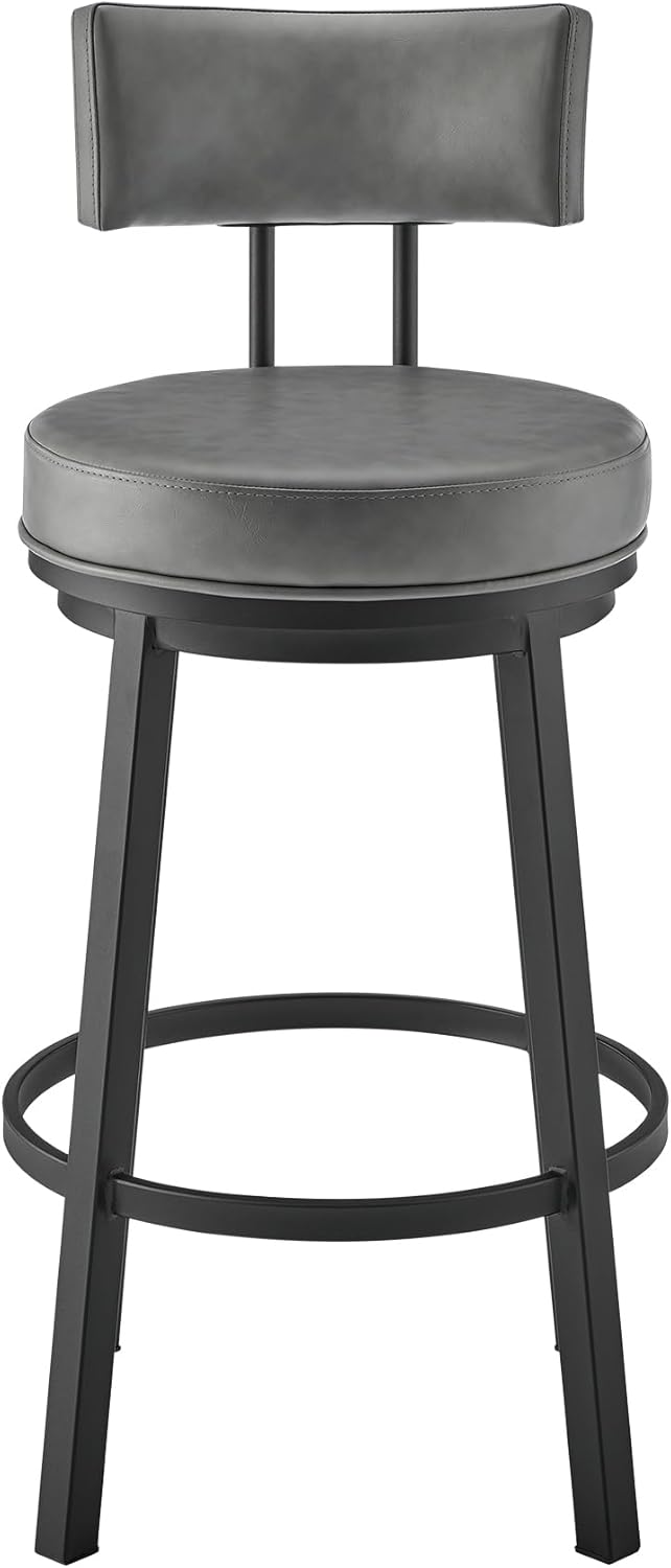 Armen Living Dalza Swivel Counter or Bar Stool in Black Finish with Grey Faux Leather