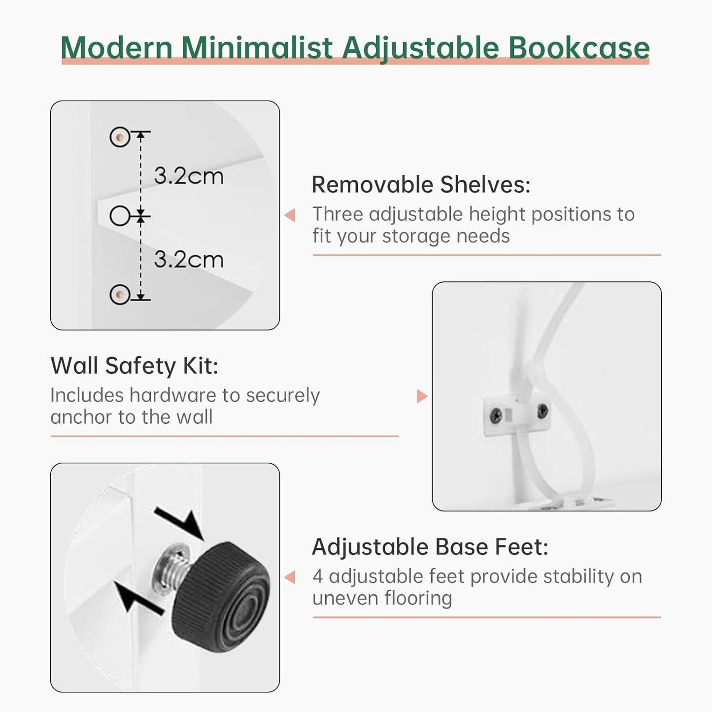 NicBex 59.8“ Heavy Dute Wood Bookcase with Adjustable Shelves, Modern Manga Bookshelf for Living Room, Office, Small Spaces, Manga and Book Shelves Storage, Tip-Over Resistant, 33" Wide White