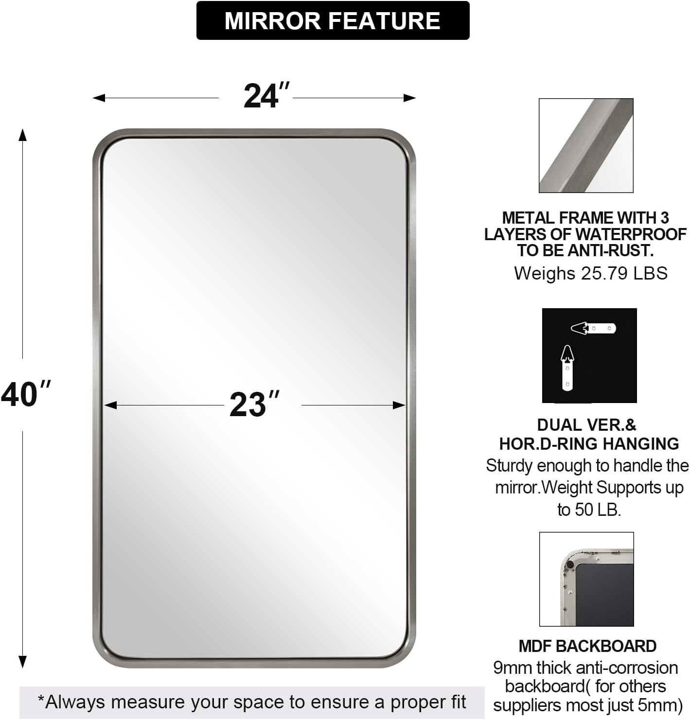 ANDY STAR 24x40'' Bathroom Mirror for Wall, Brushed Nickel Rounded Rectangle Mirror for Vanity in Stainless Steel Tube Metal Frame Antirust Wall-Mounted Horizontal or Vertical