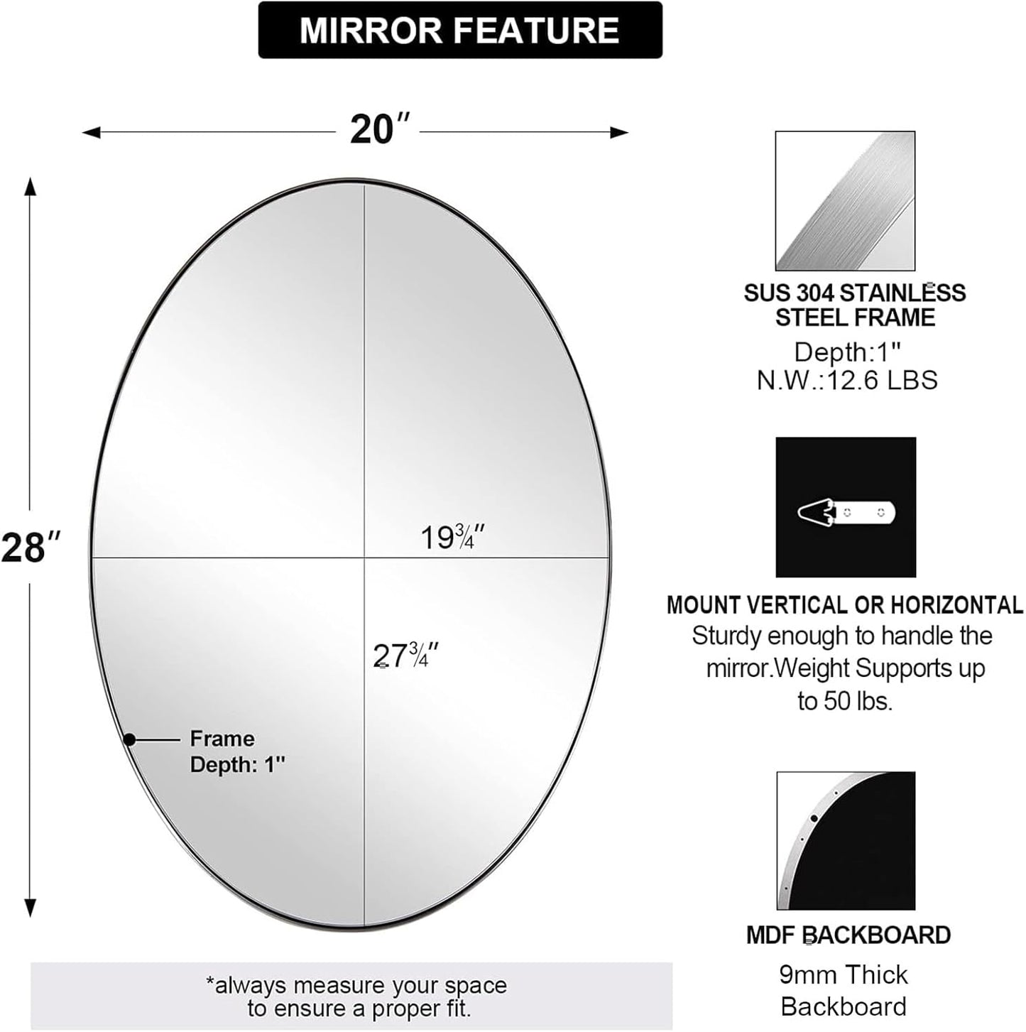 ANDY STAR Chrome Bathroom Mirror, Oval Chrome Mirror for Bathroom 20x28 Inch, Polished Chrome Anti-Rust Stainless Steel Metal Frame for Bathroom