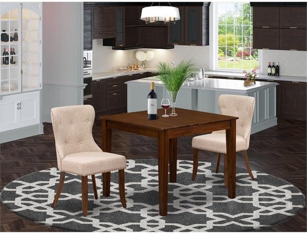 East West Furniture OXSI3-AWA-04 3 Piece Dining Set Includes a Square Dining Room Table and 2 Parson Kitchen Chairs, 36x36 Inch, Antique Walnut