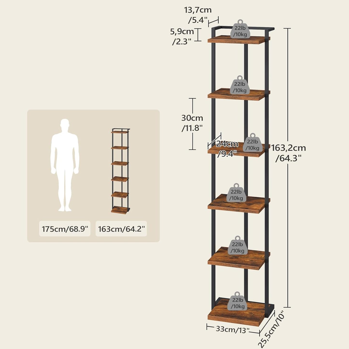 Bookshelf, 6-Tier Bookcase, Vertical Tall Narrow Book Shelf for Small Space, Open Storage Display Shelf with Stable Base & Anti-Tip Kits, for Living Room, Study, Rustic Brown BKHR11601