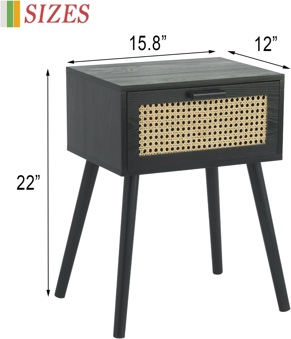 AWASEN Mid Century Modern Nightstand, Rattan Side Table with Drawer, Black Bedside Table with Storage and Solid Wood Legs for Living Room, Bedroom and Small Space (Black)