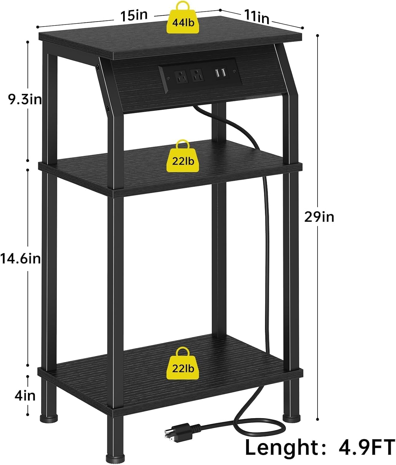 Tall End Table with Storage, 3-Tier Small Bedside Table with Charging Station, Narrow Side Table Stand, Space-Saving Nightstand for Living Room, Bedroom,Office, Black
