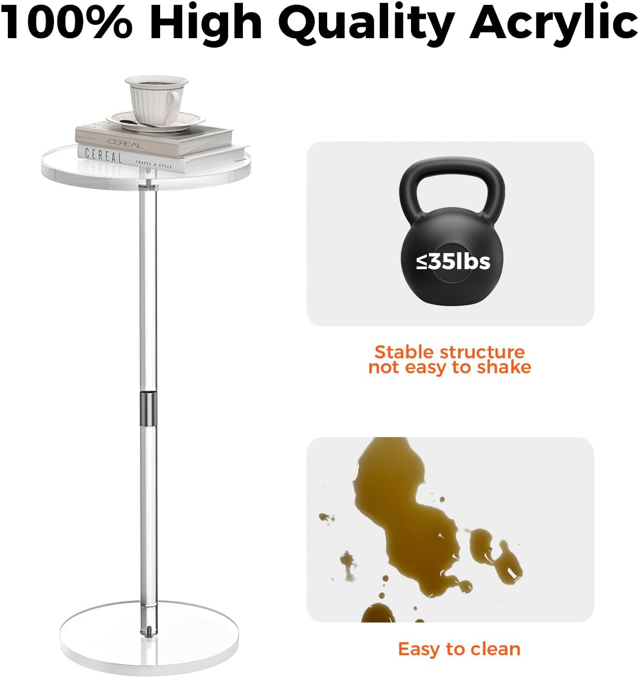 Acrylic Drink Table for Small Spaces, Clear Side Table, 10" L x 10" W x 21.3" H, Round End Table for Living Room, Bedroom, Office, Easy Assembly