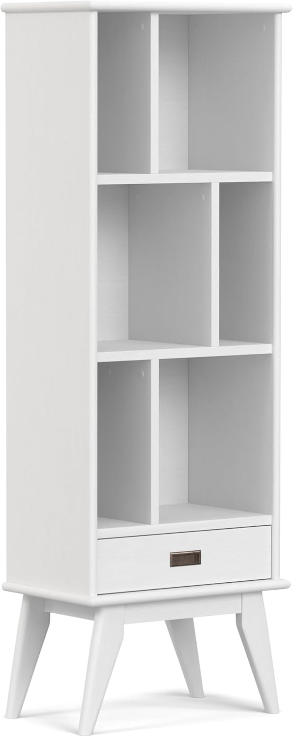SIMPLIHOME Draper Solid Hardwood 64 inch x 22 inch Mid Century Modern Bookcase and Storage Unit in White for The Living Room, Study Room and Office