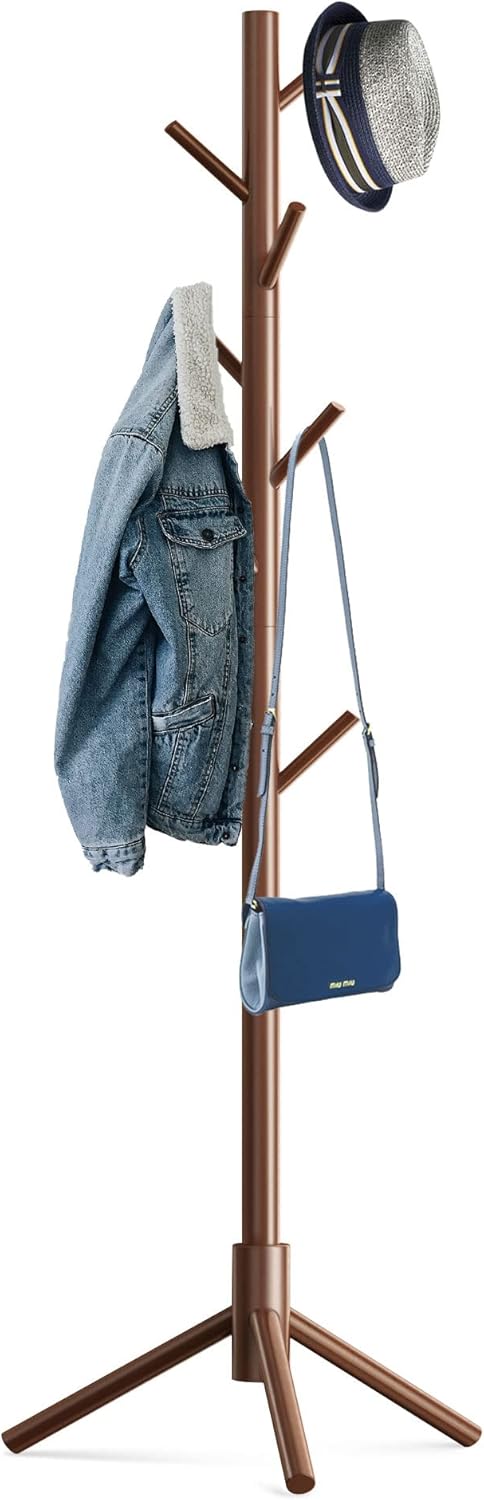 Wooden Tree Coat Rack Stand,Sturdy Freestanding Coat Rack with 8 Hooks,3 Adjustable Height for Child Adult,Wood Coat Stand Tree Fits Entryway Bedroom Office for Bags,Hats