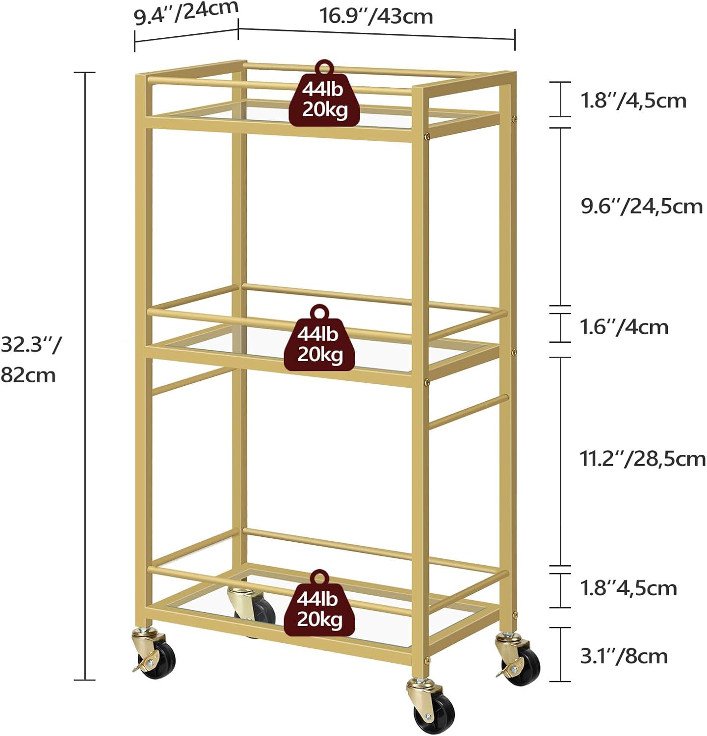Bar Cart for The Home, 3-Tier Drink Cart on Wheels, Home Bar Serving Cart, Mini Bar Cart for Small Space, Kitchen, Dining Room, Gold RCJ40B01
