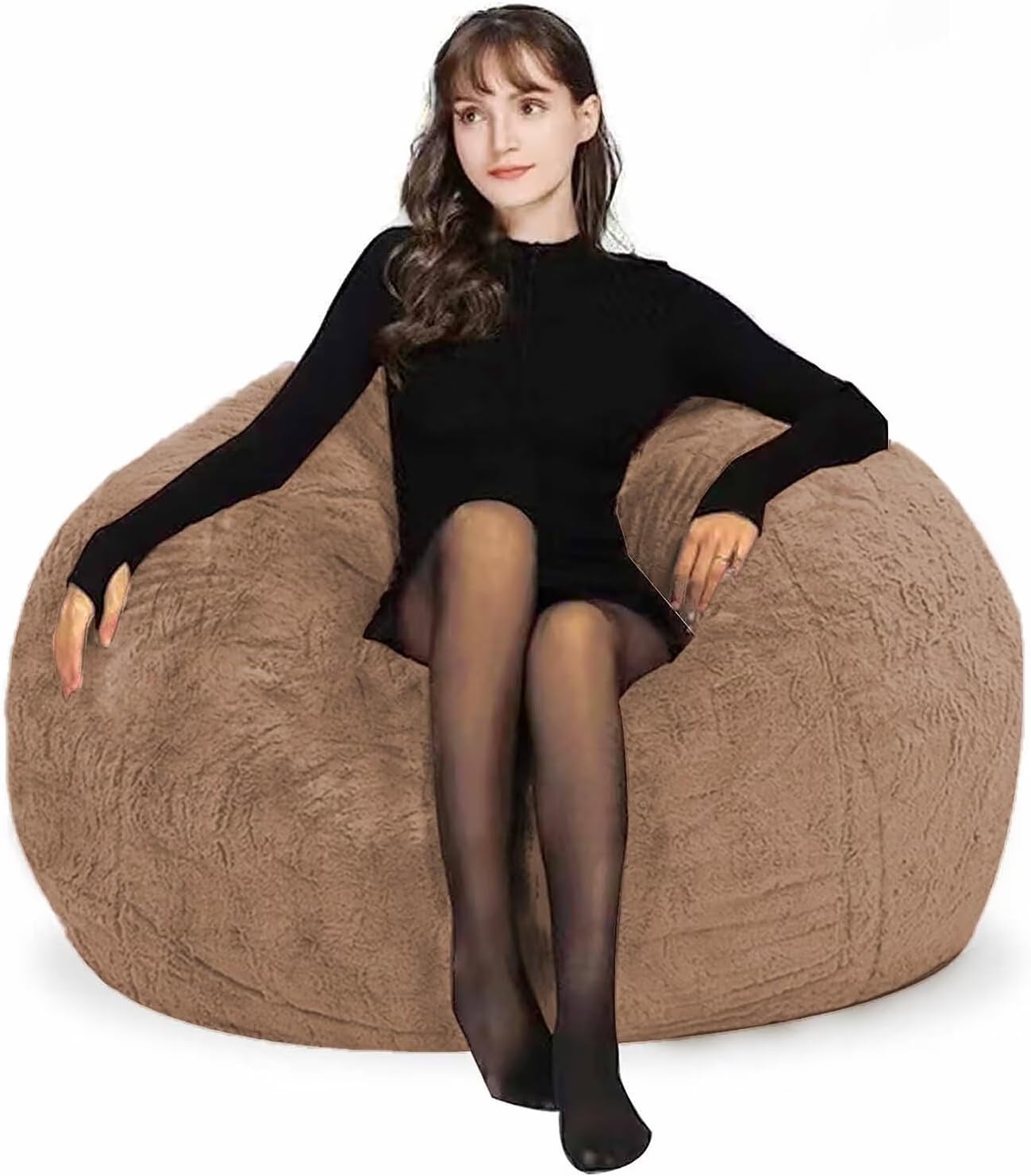 Bean Bag Chair Cover for Adults Kids Comfy Fluffy Oversized Round Beanbag Chair Lazy Sofa Cover for Reading Chair Floor Chair, 3.5FT, Khaki