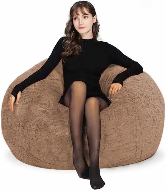 Bean Bag Chair Cover for Adults Kids Comfy Fluffy Oversized Round Beanbag Chair Lazy Sofa Cover for Reading Chair Floor Chair, 3.5FT, Khaki