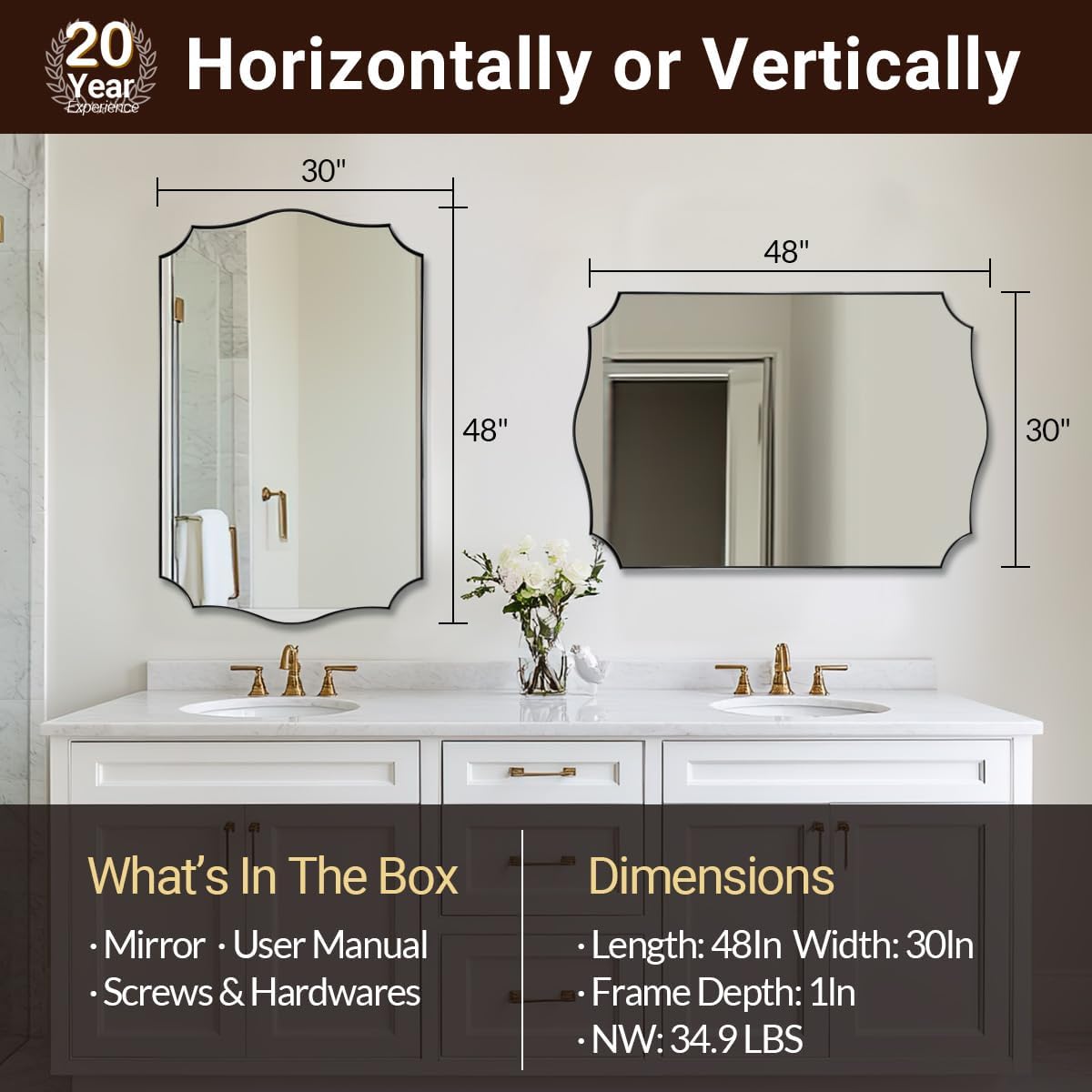 ANDY STAR 30x48 Inch Matte Black Mirror, Unique Rectangular Bathroom Mirror, Black Mirror in Premium Stainless Steel Metal Thin Frame Deep 1’’, Large Decorative Mirror for Bathroom, Entryway, Mantel