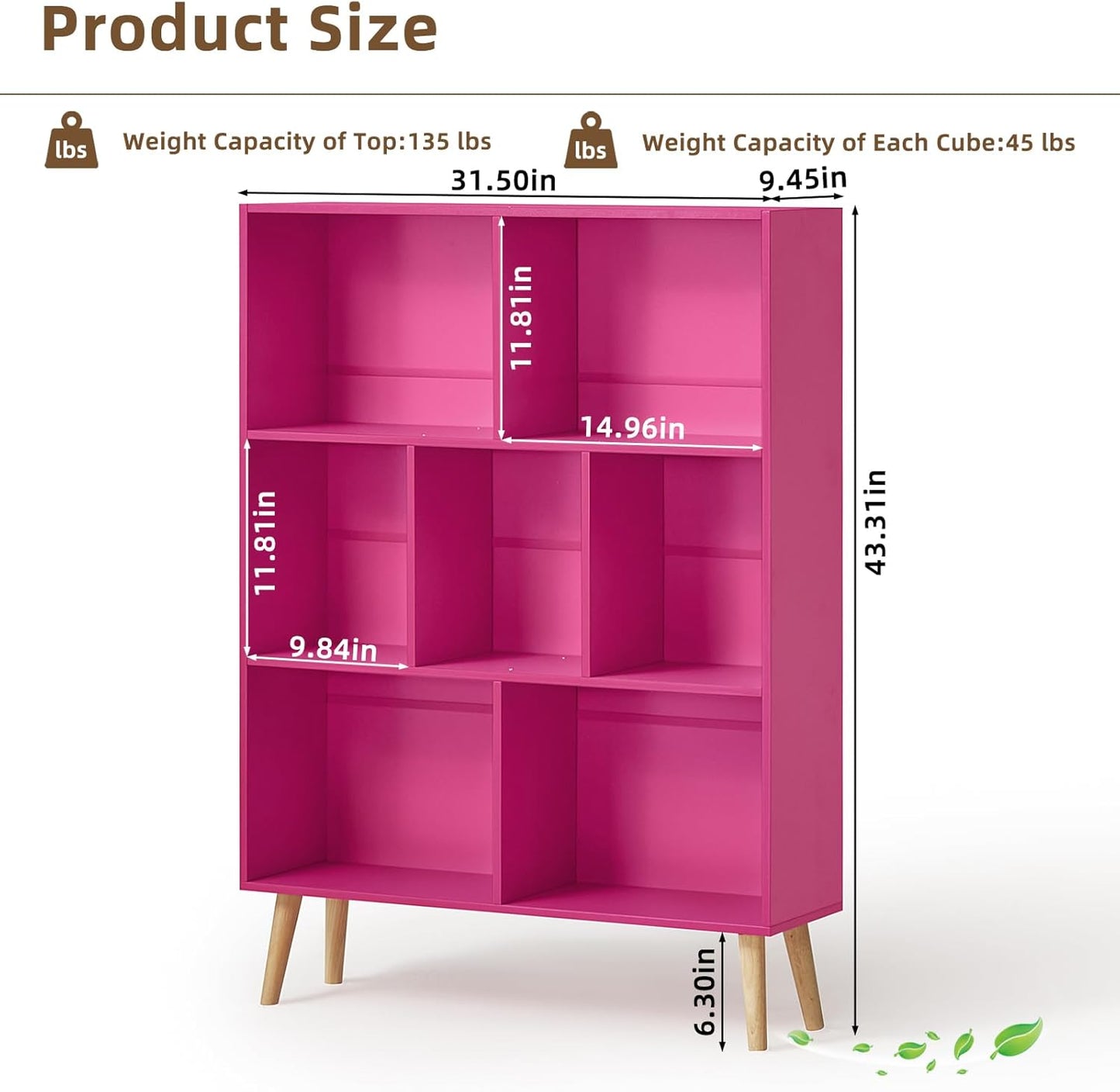 LEYAOYAO 7 Cube Bookshelf,3 Tier Book Shelf with Legs,Pink Modern Bookshelf,Large Freestanding Open Toy Modern Bookshelves,Display Bookcases Decor Furniture for Nursery