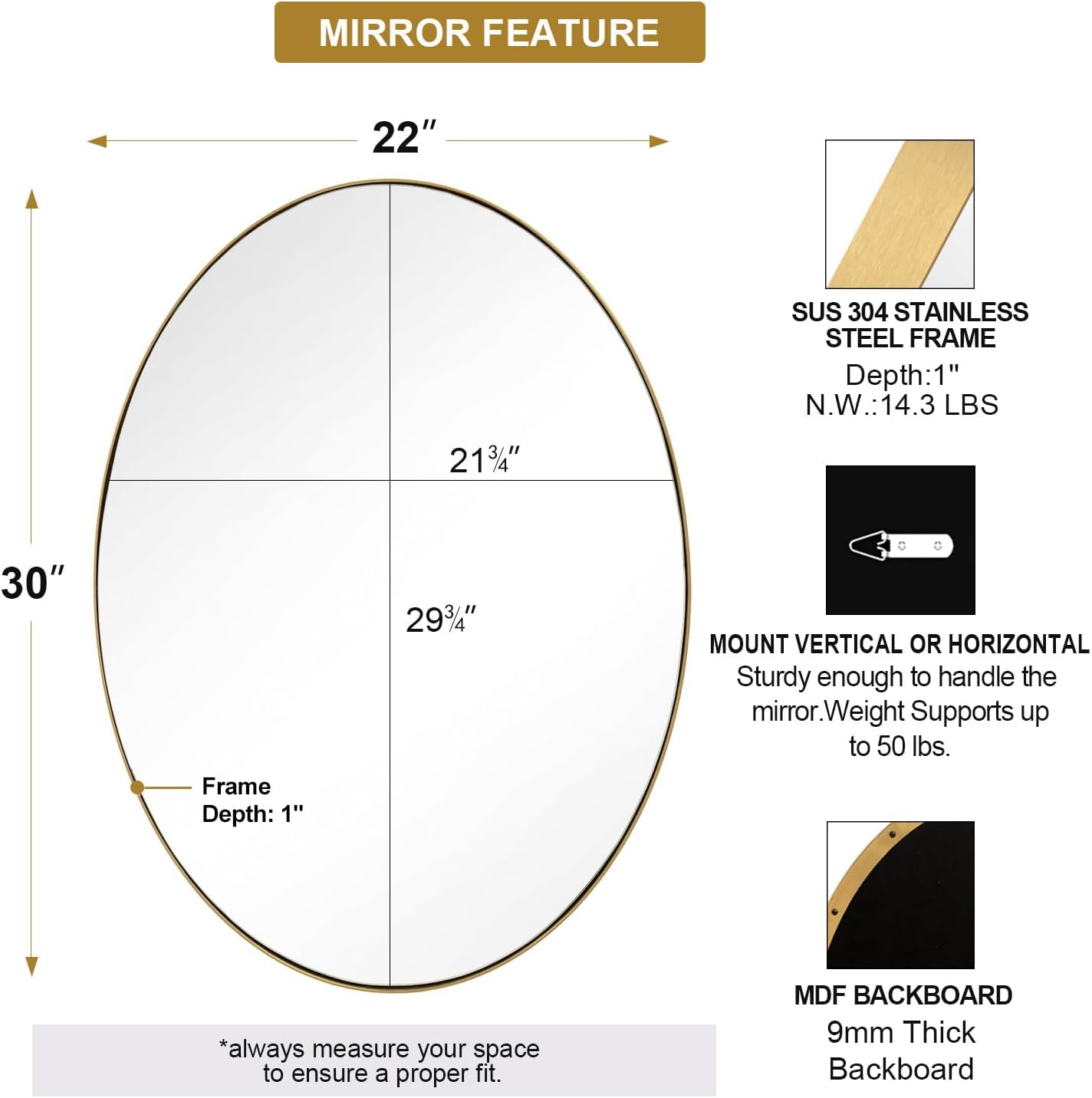 ANDY STAR Gold Oval Mirrors for Bathroom, 22x30 Inch Brushed Gold Stainless Steel Metal Framed Oval Wall Mirror, Modern Vanity Mirror Wall Mount Horizontal or Vertical