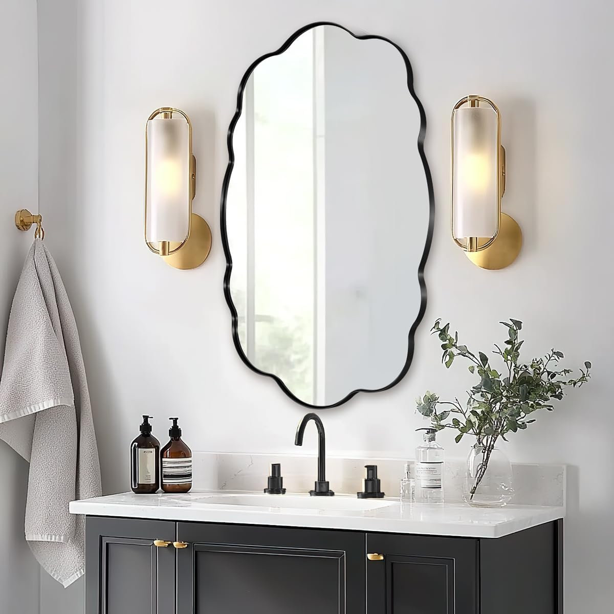 ANDY STAR Matte Black Scalloped Wall Mirror -24x36 Irregular Bathroom Vanity Mirror for Vanity, Living Room & Entryway, Anti Rust Stainless Steel Wall Mount Horizontal or Vertical