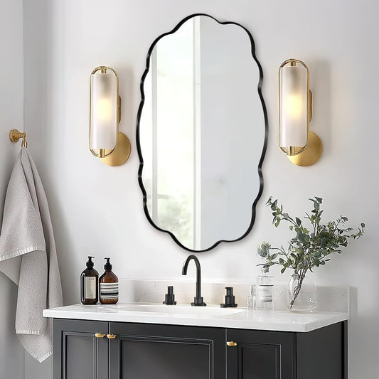 ANDY STAR Matte Black Scalloped Wall Mirror -24x36 Irregular Bathroom Vanity Mirror for Vanity, Living Room & Entryway, Anti Rust Stainless Steel Wall Mount Horizontal or Vertical