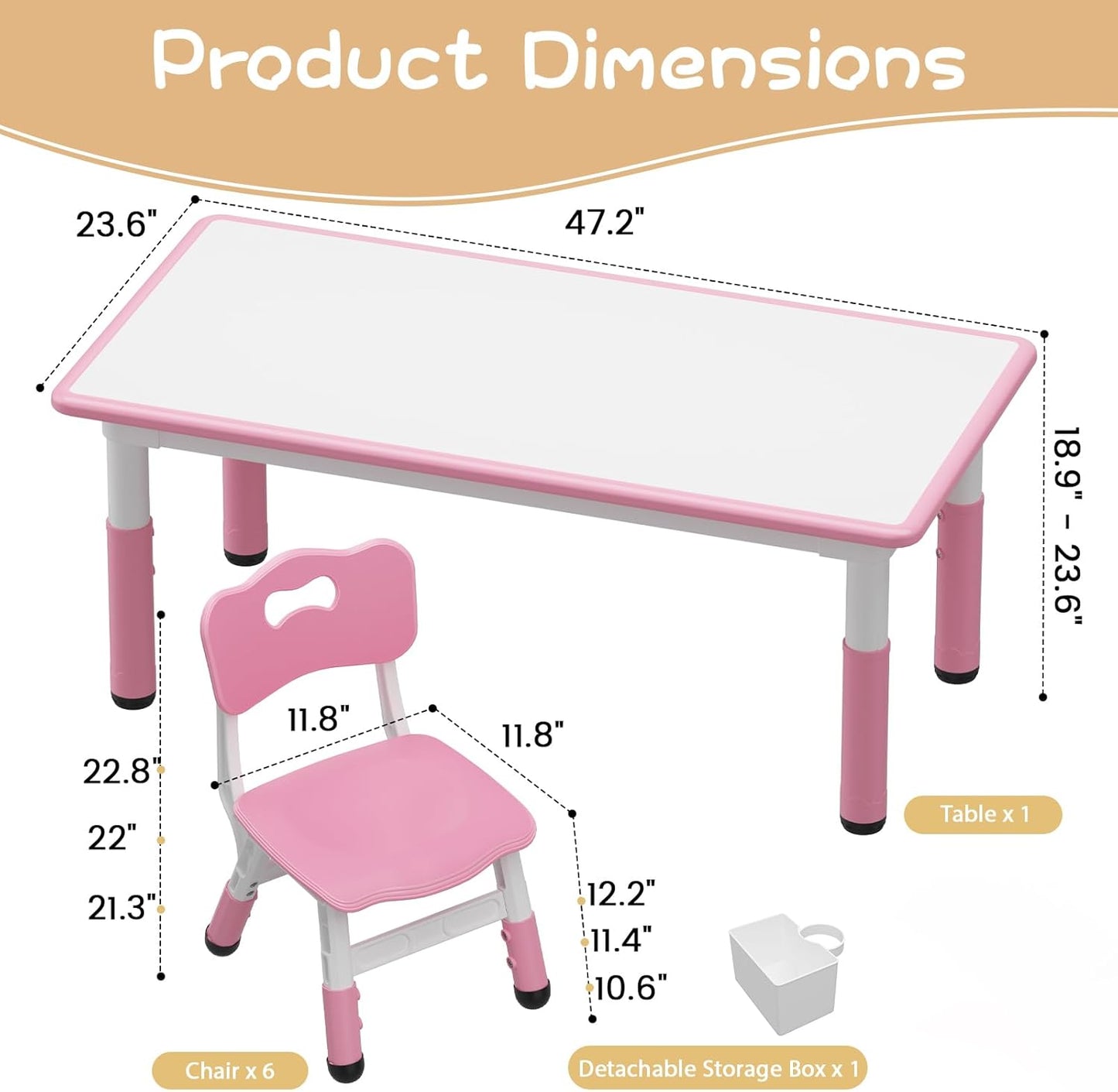 GarveeHome Kids Table and 6 Chairs Set, Height Adjustable Toddler Table and Chair Set, Graffiti Desktop, Children Study Play Dinner Table for Home Daycare Preschool for Ages 2-8, Pink