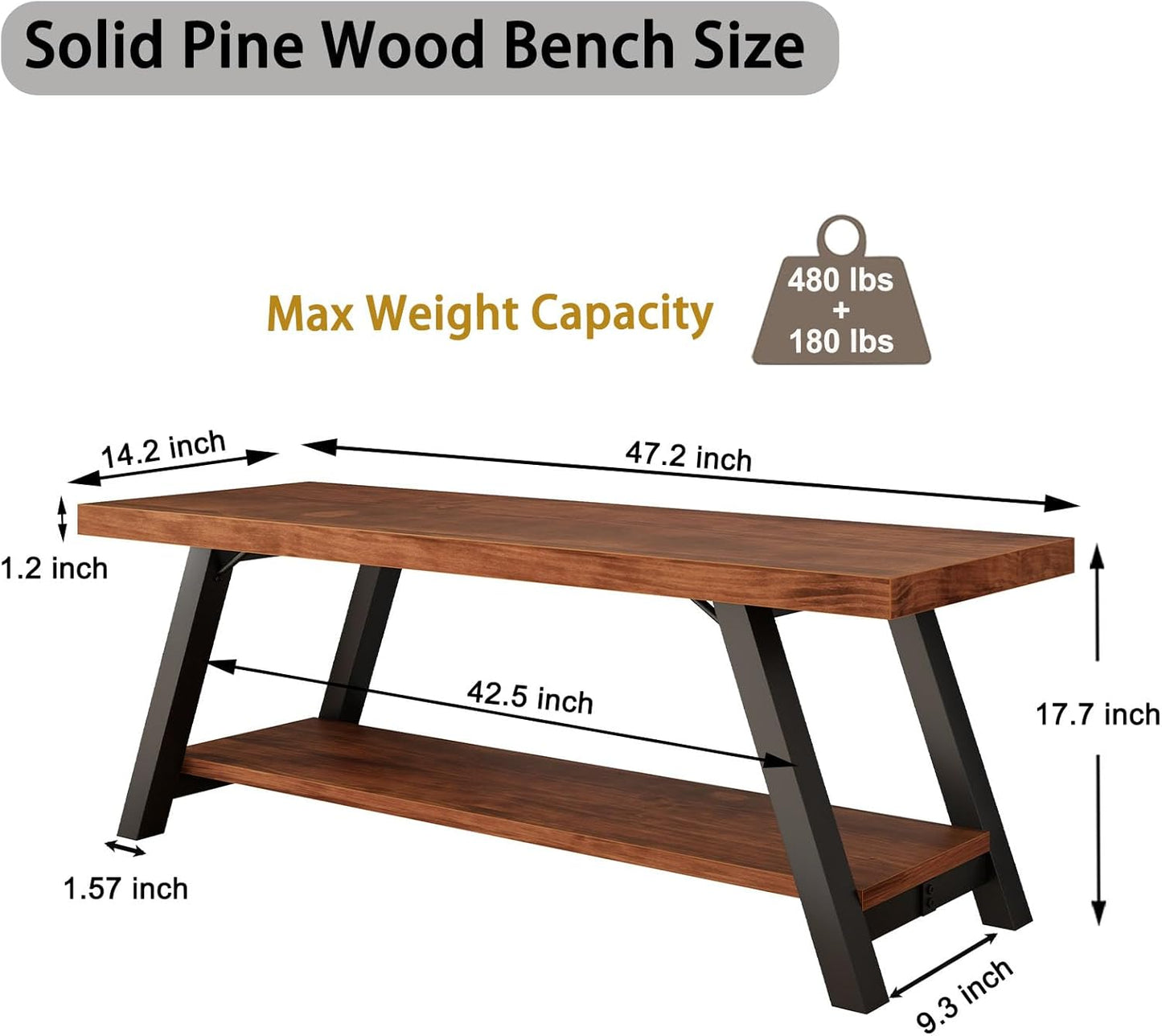 IBF Natural Real Wood Entryway Bench, Solid Wood Storage Bench, Industrial Bedroom Bench in Entry Way Hallway Foyer Rack, Modern Shoe Bench Seat for Living Bed Room Indoor, Rustic Brown, 47 Inch