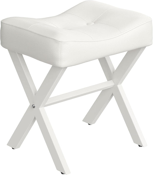 18-Inch Leather Vanity Stool Chair, Vanity Bench with Metal X-Leg, Ottoman Foot Stool with Thick Padded Saddle Seat, White