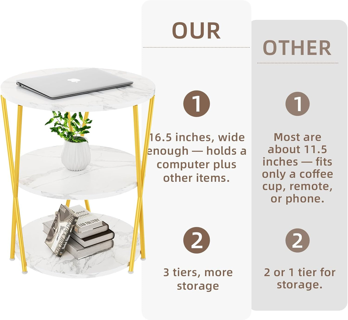 Big Side Table, 3-Tier Large Size Round End Table with X-Leg Design, Nightstand Bedside Table for Living Room, Bedroom, Drink Table Coffee Table for Patio, Indoor Outdoor Use, 16.5''x16.5''x22.8''