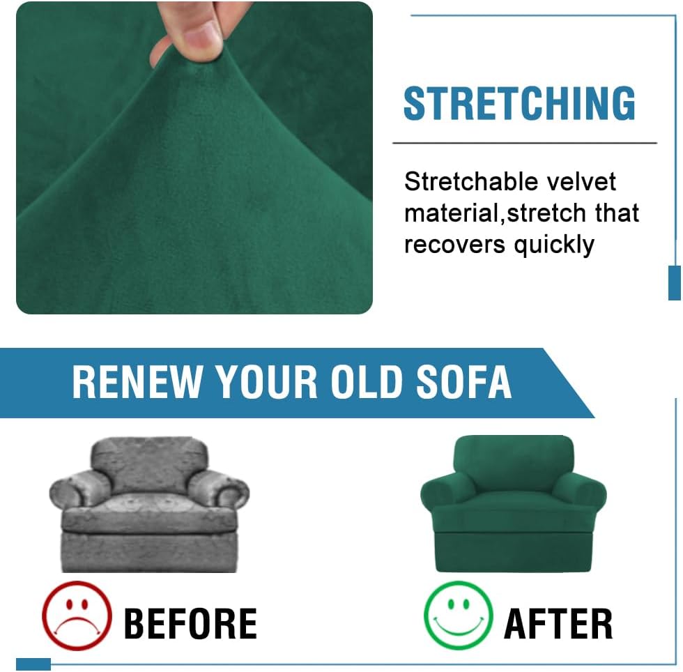 H.VERSAILTEX Sofa Cover 2 Piece T Cushion Armchair Slipcovers Thick Velvet Couch Cover Stretch T Cushion Sofa Covers for 1 Cushion Couch with 1 Individual T Cushion Covers, Vintage Green