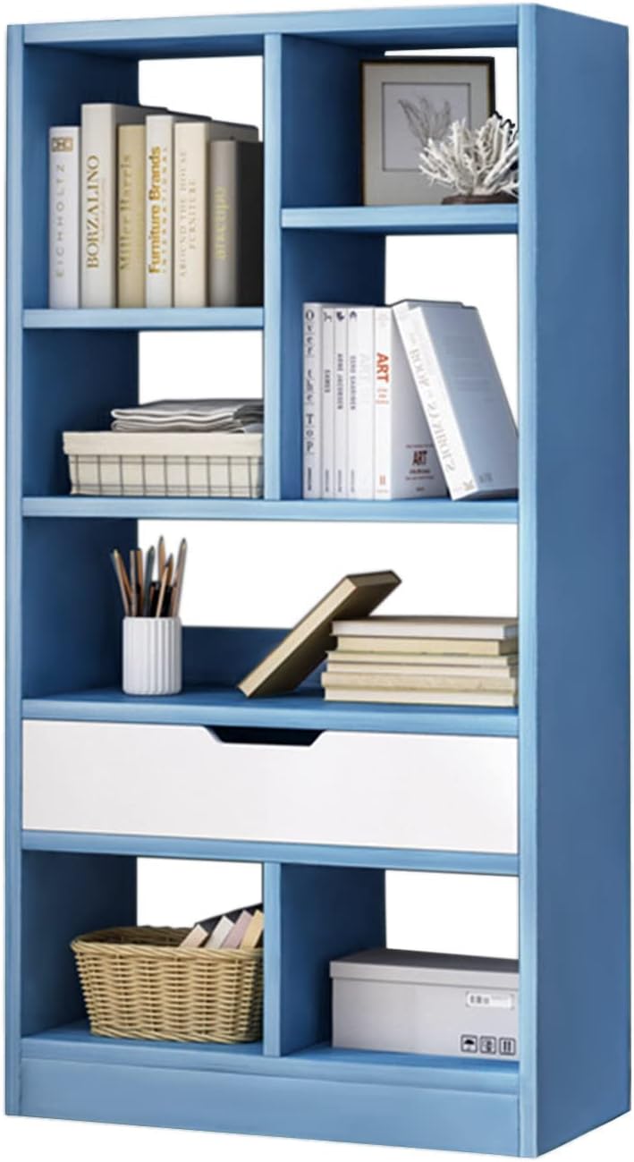 IOTXY Wooden Open Shelf Bookcase - 51" Height Freestanding Display Storage Cabinet Organizer with 7 Cubes and a Drawer, Floor Standing Bookshelf, Blue