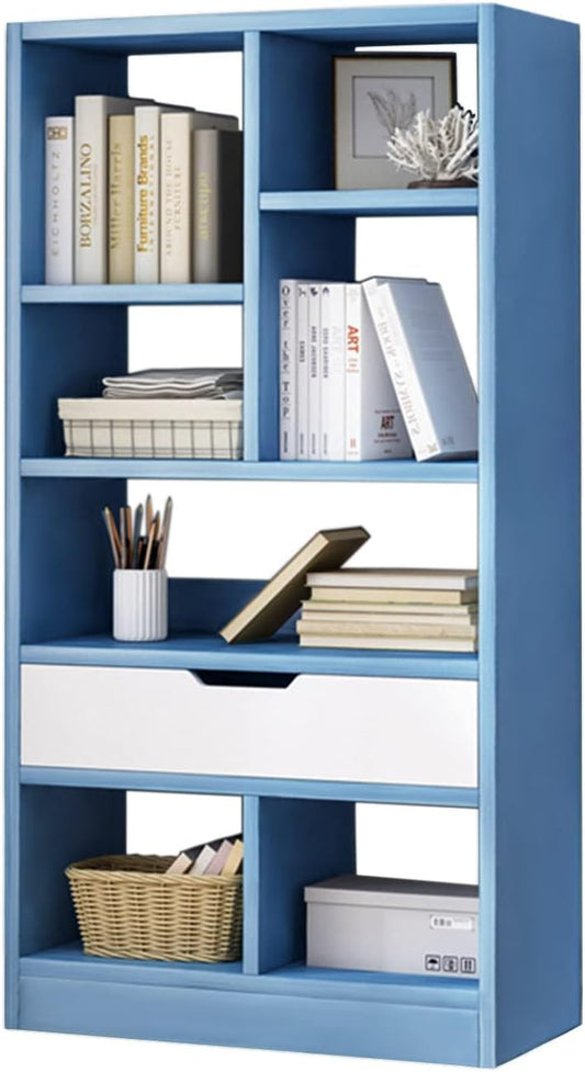 IOTXY Wooden Open Shelf Bookcase - 51" Height Freestanding Display Storage Cabinet Organizer with 7 Cubes and a Drawer, Floor Standing Bookshelf, Blue
