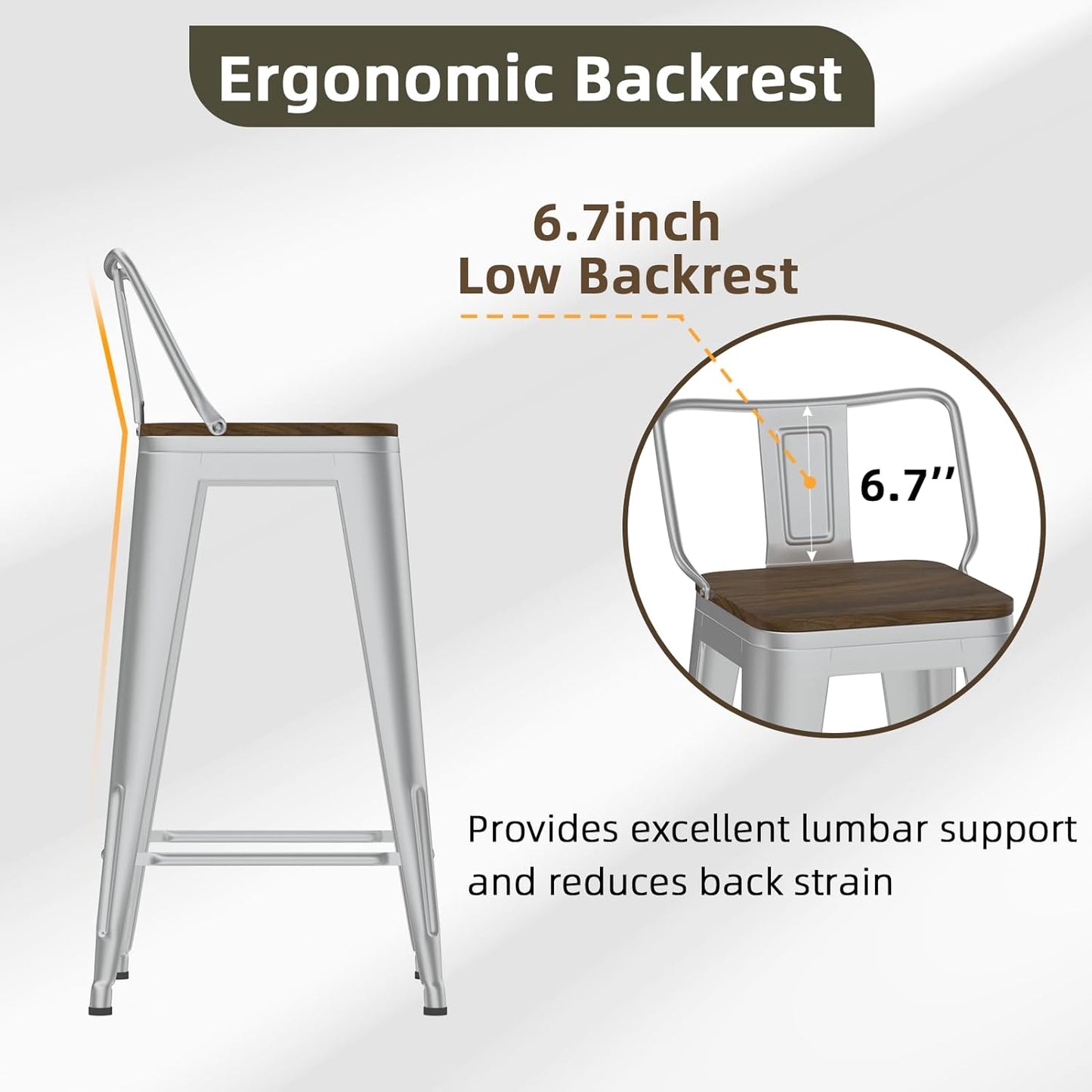 26 Inch Swivel Bar Stools Set of 4, Counter Height Bar Stools with Low Back, Metal Industrial Bar Chairs for Kitchen Island (Silver)