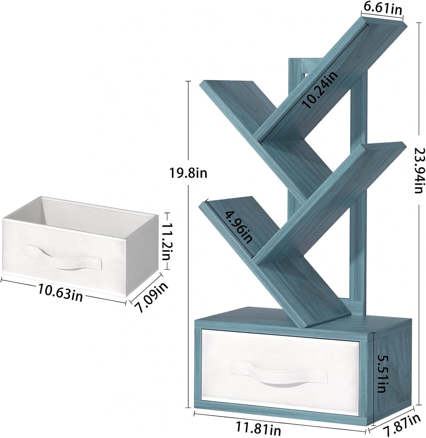Small Book Shelf with Drawer,4 Tier Black Tree Bookshelf,Blue Desktop Bookcase,Modern Desk Display Storage Bookshelves,Floor Standing Organizer Bookcases for Living Room,Bedroom,Office