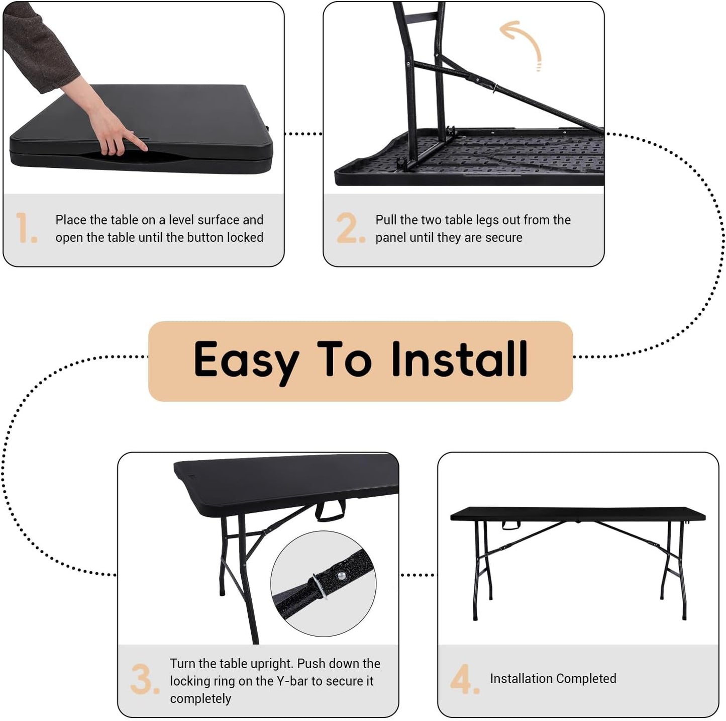 Folding Table 6FT HDPE 6 Foot Foldable Table Portable Banquet Surface Fold-in-Half Desk Utility for Working Meeting Parties, Picnic, Camping, Weddings, Catering, Garden Dining-Black