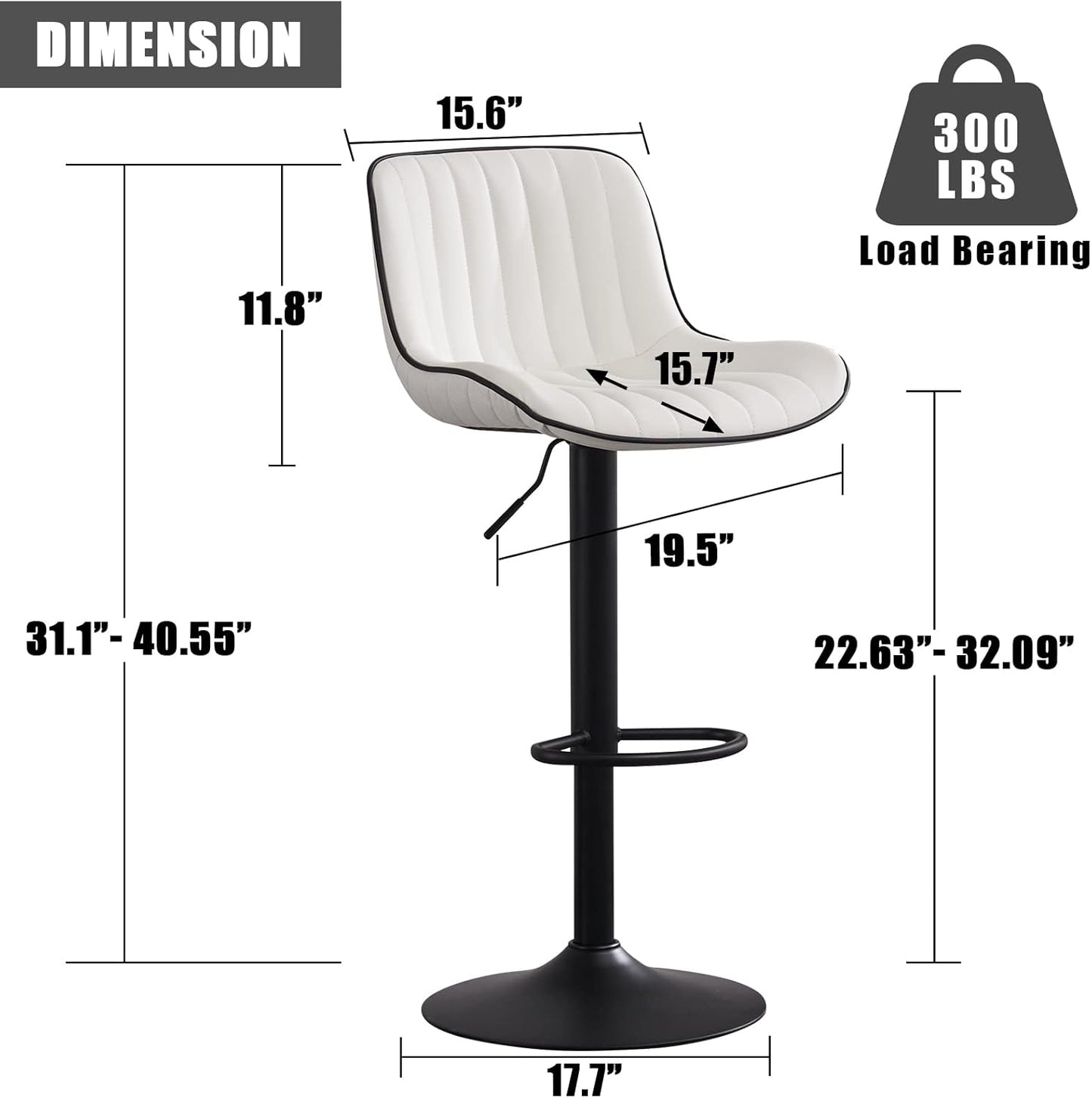 YOUNIKE White Bar Stools Set of 2 Kitchen Counter Height Barstools Upholstered Swivel Modern Faux Leather Bar Chairs with Backs Adjustable High Breakfast Island Stool with Metal Leg