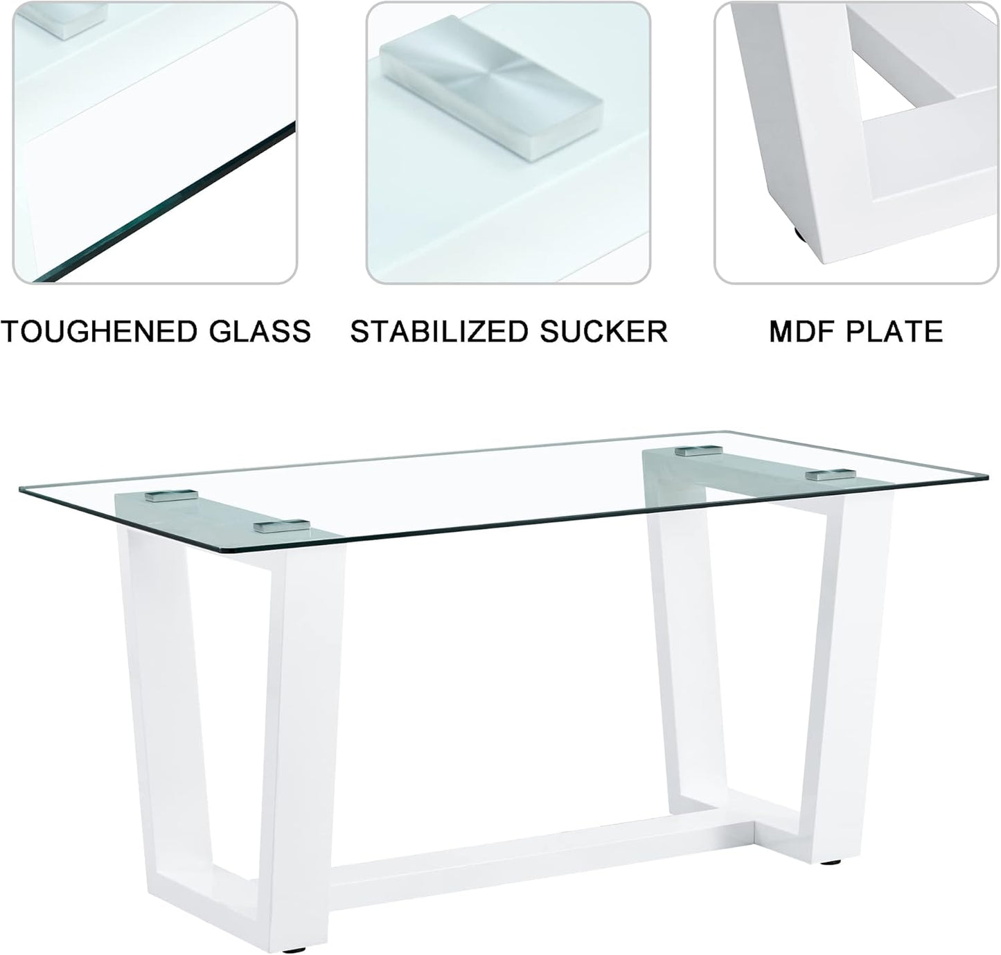 63" Modern Glass Dining Table with Rectangular Tempered Tabletop,Dinner Desk Set for 6-8 People W/Trapezoid Bracket,for Home,Kitchen,Dining Room,Office,White+Clear Finish