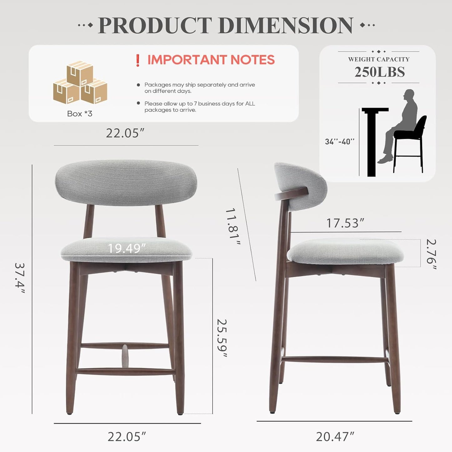 Upholstered Counter Height Bar Stools Set of 6, Kitchen Island Stools with Back, Modern Counter Barstools Bar Chairs with Wood Legs, Light Grey