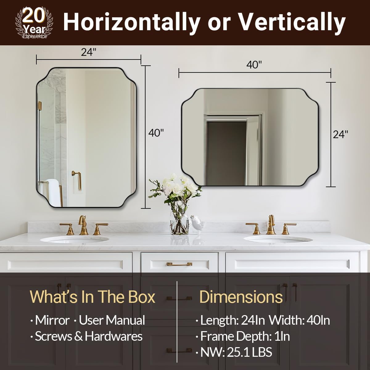 ANDY STAR Matte Black Mirror 24x40 Inch, Scalloped Mirror for Bathroom, Unique Rectangular Bathroom Mirror in Premium Stainless Steel Metal Frame 1’’ Deep, Hangs Vertically/Horizontally