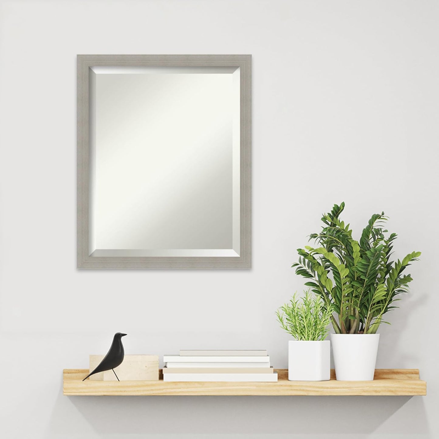 Amanti Art Grey Wall Mirror 22x18 Woodgrain Stripe Grey Rectangle Bathroom Mirror for Wall Decor Living Room, Small Casual Wood Frame, Hangs Horizonally and Vertically, Bathroom Decor, Beveled Edge
