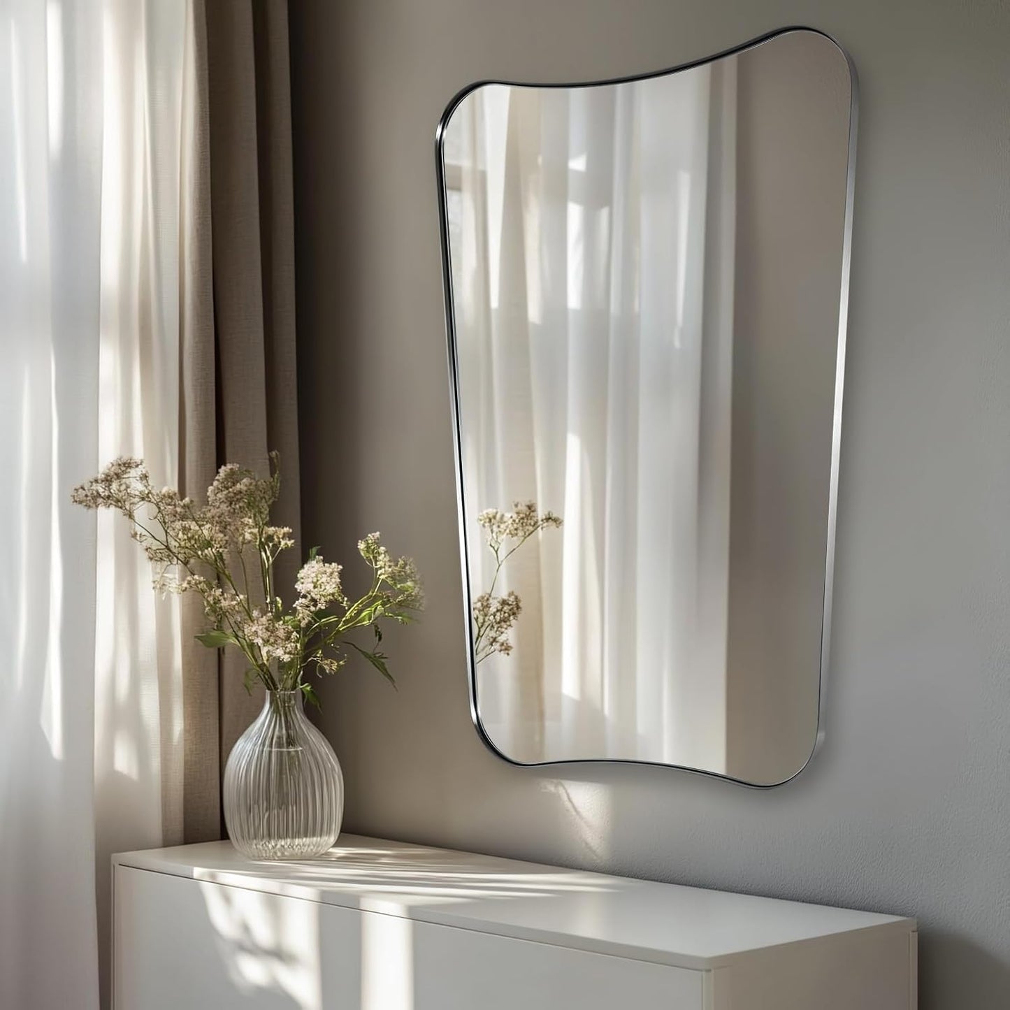 ANDY STAR Brushed Nickel Mirror, 24x32 Inch Bathroom Scalloped Mirror, Anti-Rust Stainless Steel Metal 1’’ Frame, Unique Frame Design Ideal for Bathroom, Entryway, Powder Room