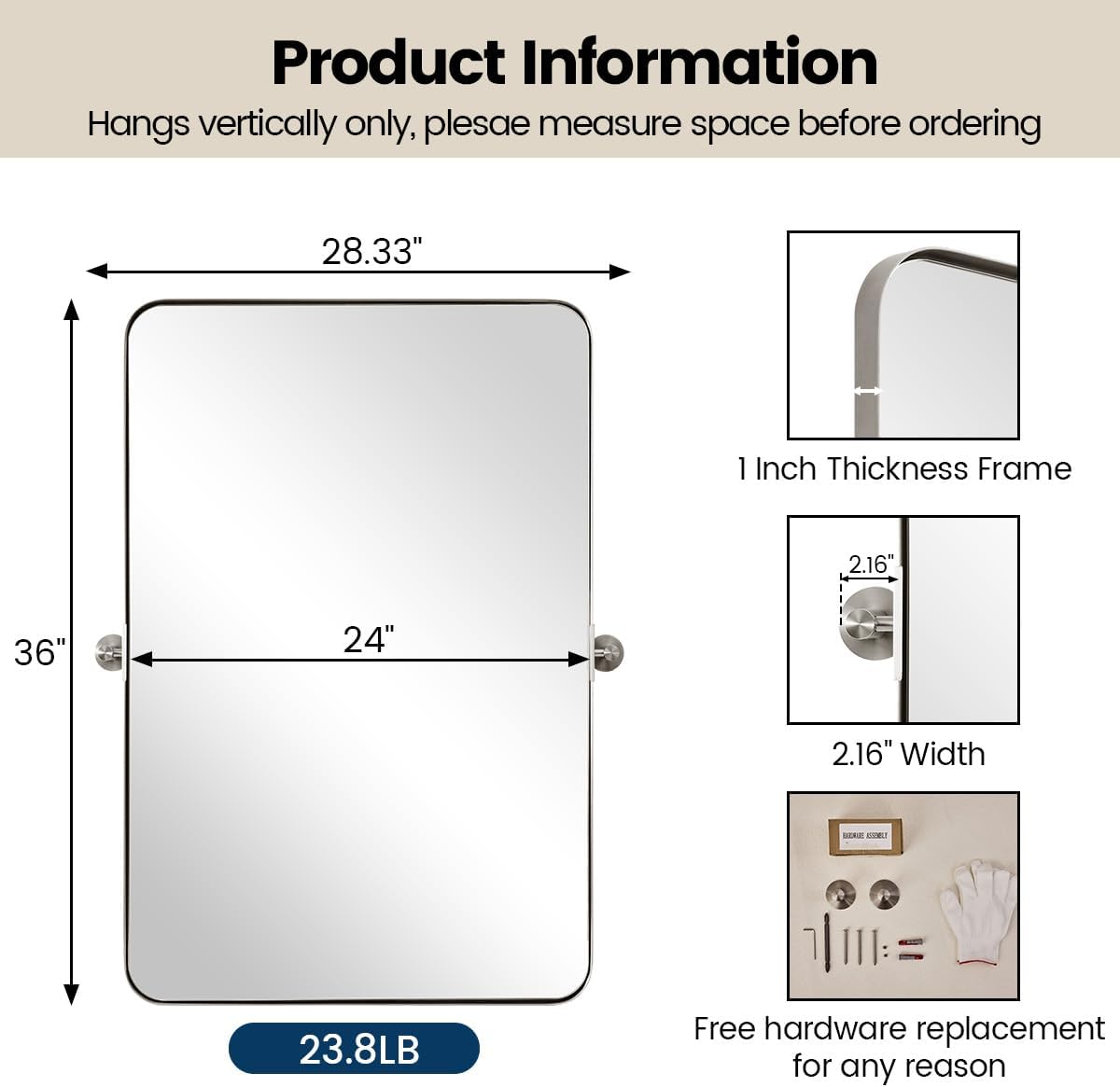 MOON MIRROR 24" x 36" Brushed Nickel Metal Framed Pivot Rectangle Bathroom Mirror, Silver Tilting Rounded Rectangular Vanity Mirror for Wall Mounted Hangs Vertical(Overall 27.75" x 36")