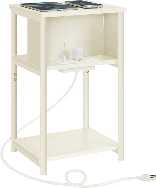 VASAGLE Side Table with Charging Station, 3-Tier End Table with USB Ports and Outlets, Nightstand for Living Room, Bedroom, 11.8 x 13.4 x 22.8 Inches, Plug-in Series, Cream White