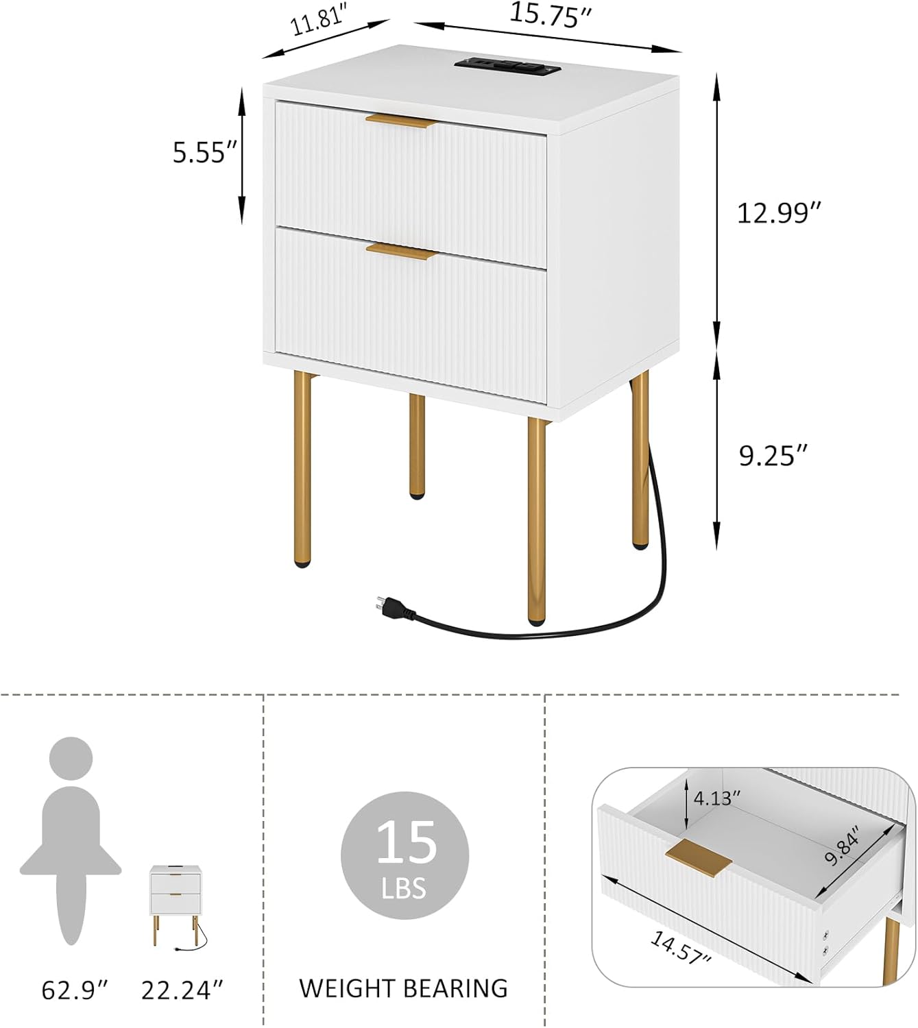 Nightstand,Small Bedside Table with Gold Frame,Morden Night Stand with 2 Drawer,End Table,Side Table with Drawer and Shelf for Bedroom,Living Room (White-2Drawer-Outlet)