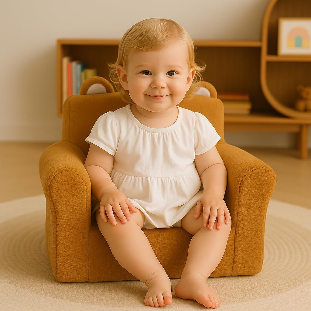 Cute Animal Toddler Foam Chair, Soft Faux Rabbit Fur, Comfy Toddler Lounge Chair and Couch with Arms, Removable Washable Cover, Kids Reading, Relaxing, for Playroom, Bedroom, Ages 1-3, Bear
