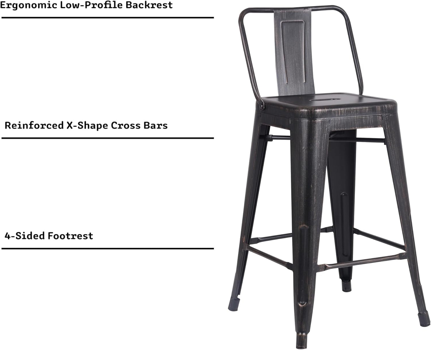 AC Pacific 24” Metal Barstool Set of 2 – Country Rustic Style with Low Back, Lightweight & Sturdy Build, Easy Assembly – Sanded Matte Midnight/Brushed Rusty Gold