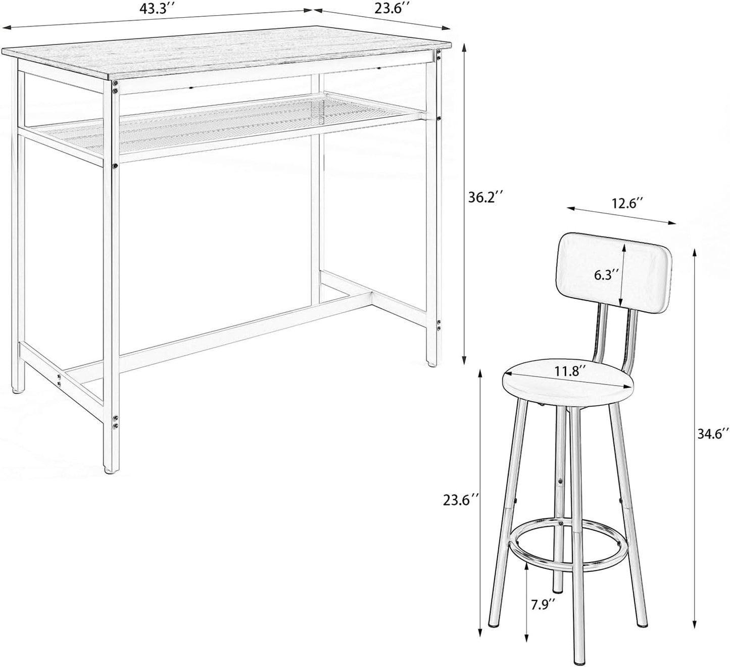 5-Piece Bar Table and Chairs Set, 43.3'' Pub Table Set Modern Small Table and Chairs Set of 4 for Breakfast Nook Living Room Small Space Restaurant, Grey