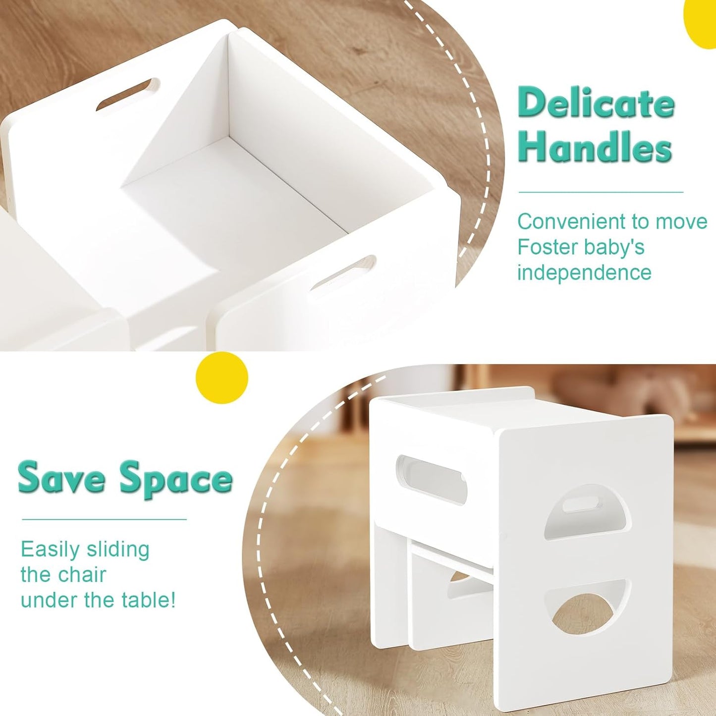 FUNLIO Height Adjustable Montessori Table and Chair Set for Age 1-3, Solid Wood Toddler Table and Chair Set, Weaning Baby Table Chair Set for Reading/Eating/Playing, Easy to Assemble - White