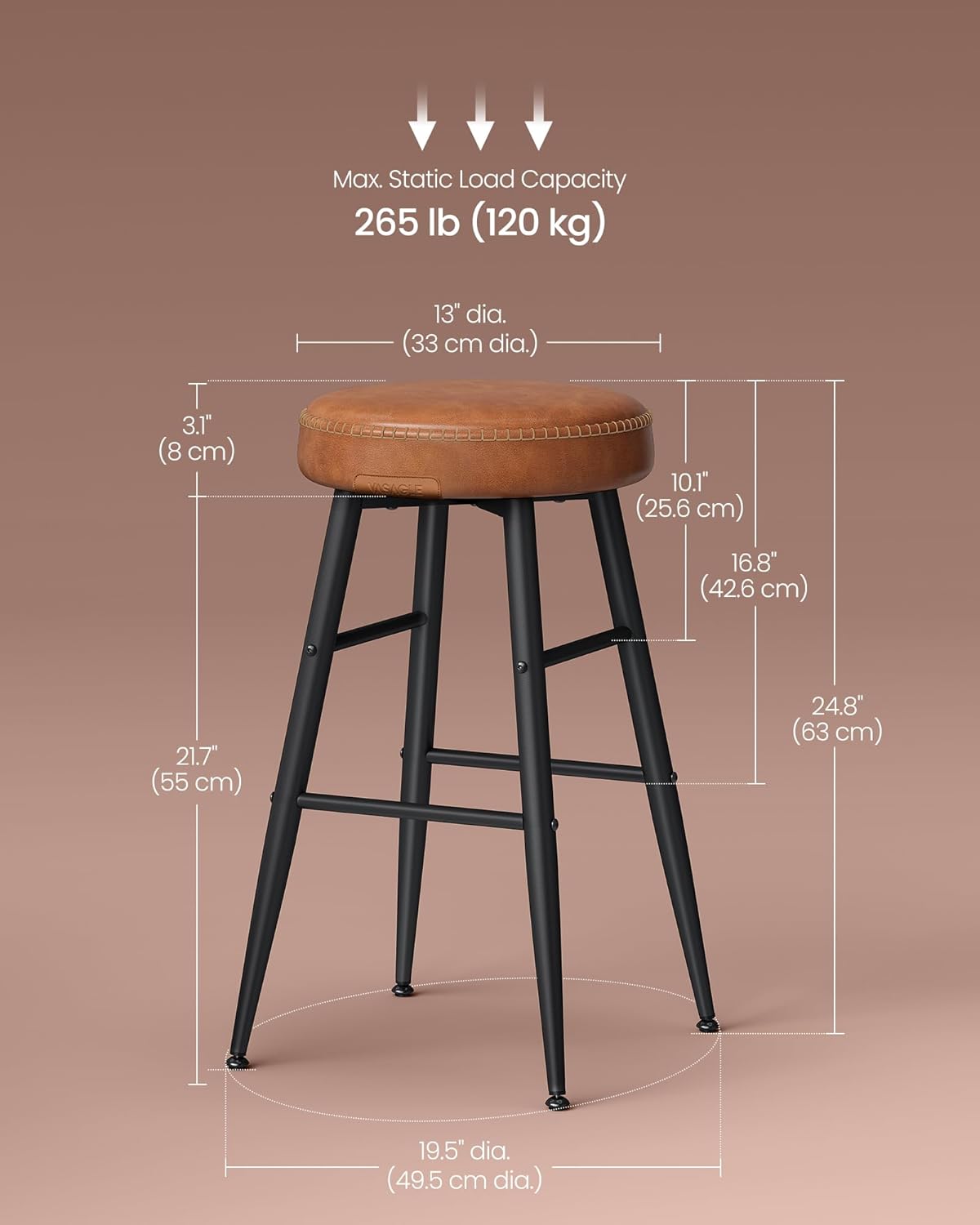 VASAGLE EKHO Collection - Bar Stools Set of 2, Counter Height Bar Stools, Kitchen Counter Stools, Mid-Century Modern Backless Counter Stools, 24.8-Inch Tall, Kitchen Island Home Bar, Caramel Brown