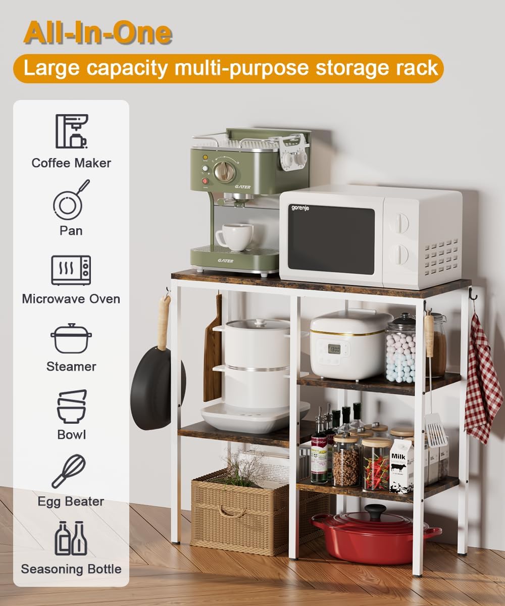 Artibear 4-Tier Kitchen Microwave Oven Stand, Adjustable Coffee Bar Station for Small Appliance, Baker's Rack with 4 Hooks & 5 Storage Shelves, Utility Rack for Kitchen, Living Room, Office, White