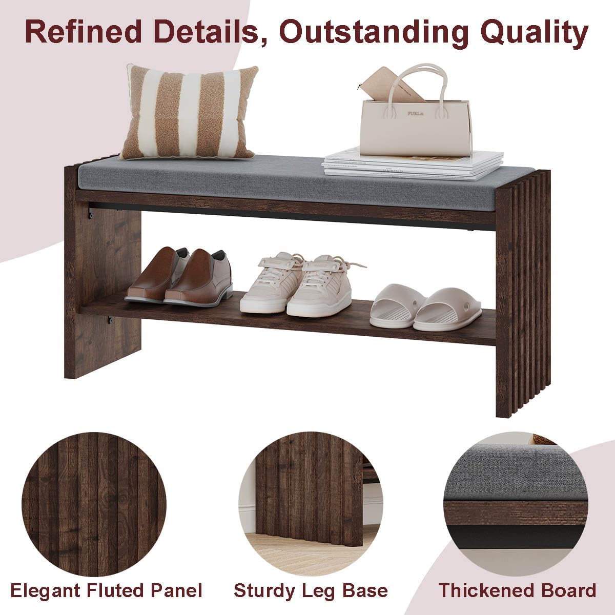 BON AUGURE Entryway Bench with Shoe Storage, 2-Tier Shoe Rack Bench with Cushion, Wood Benches for Bedroom, Living Room, Mudroom, Hall (Rustic Oak, 40 in Wide)
